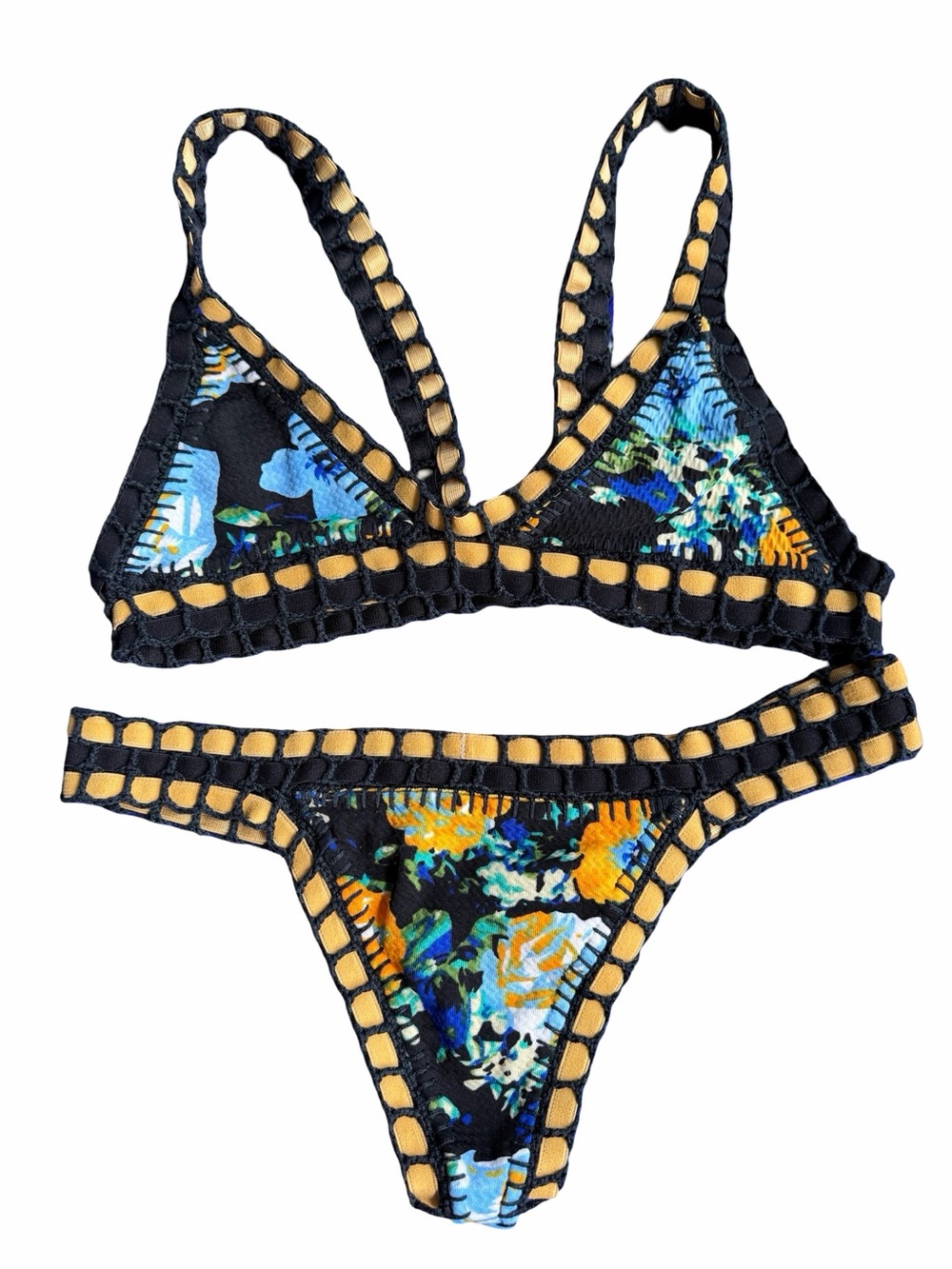Black Gold Floral Crochet-Trim Bikini Set reversible velvet swimsuit